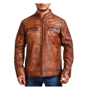 Blouson motard en cuir pour homme fait main marron effet vieilli Blouson en cuir de mouton vintage