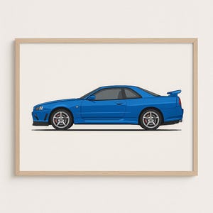 Pode incluir: Impressão emoldurada com uma ilustração de um carro esportivo azul. O carro tem um spoiler, jantes prateadas e uma parte inferior preta. A obra de arte está sobre um fundo creme.