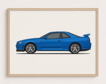 日産スカイライン R34 GTR 水彩画アートプリント – 限定版（デジタル