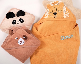Personalized Baby Hooded Towel: Embroidered Name, Animal Design