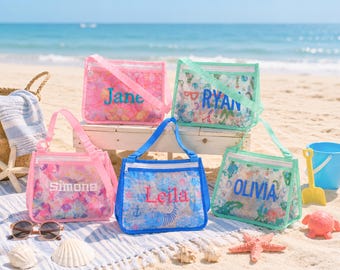 Borsa da spiaggia personalizzata per bambini, organizer in rete per giocattoli con nome ricamato su misura, borsa da piscina