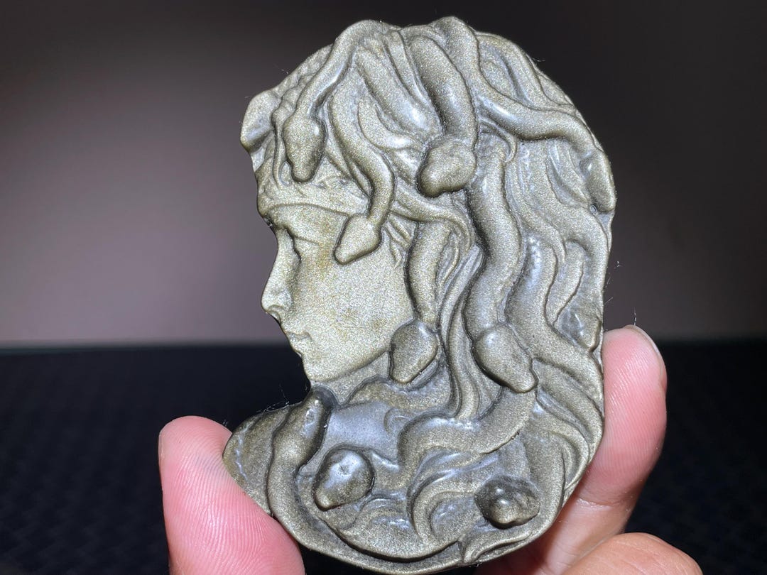403G Silver Obsidian Crystal Medusa with Metal Stand