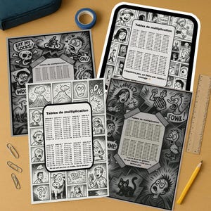 Paquete de 4 hojas de trabajo de multiplicación para adolescentes - Tablas estilo cómic imprimibles - ¡Formato PDF A4 para pegar en cualquier lugar!