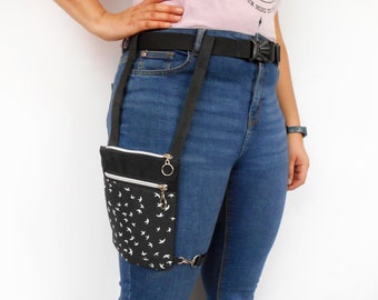 Minimalist Black Leg Bag, Garter Purse, Drop Thigh Pack, Hidden Pocket Pouch, Vegan Phone Carrier