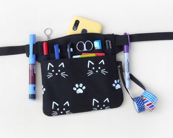 Black Cat Fanny Pack, Water Proof Fabric Waist Bag, Vet Technician Utility Belt Pouch, Cute Kawaii Meow Gift