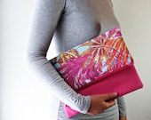 Fuchsia Clutch, Hawaiian Handbag,Square Pouch,Oversized Purse,Floral Makeup Case,Tropical Hand Bag,Botanical Bag,Foldover Clutch,Womens Gift