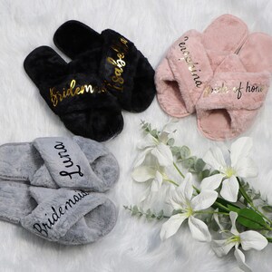 Custom Fluffy Slippers, Custom Bride Slippers, Fluffy Bridesmaid Slippers, Personalized Bride Slipper ,Party Slippers,  Wedding Slippers