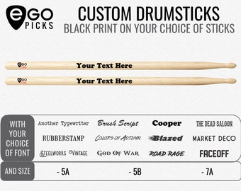 1 x pair CUSTOM DRUMSTICKS - Black print on Your Choice of Drumsticks - Text only