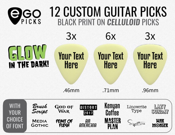 12 CUSTOM GUITAR PICKS Celluloid glow in the Dark Mix 