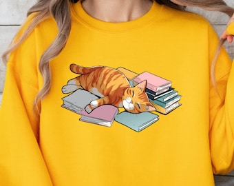 Sudadera con Gato Atigrado y Libros, Regalo para Amantes de los Libros y Gatos