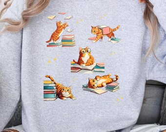 Librarian Sweatshirt, Funny Book Cat Shirt, Nerd Cat Reading Tee, Bookworm Gift