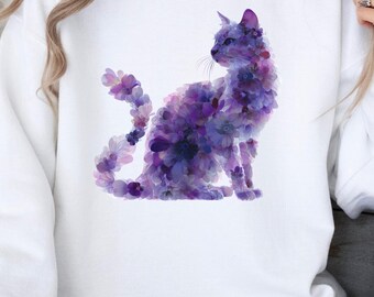 Floral Cat Design Tee: Boho Artistic Cat Mom Shirt