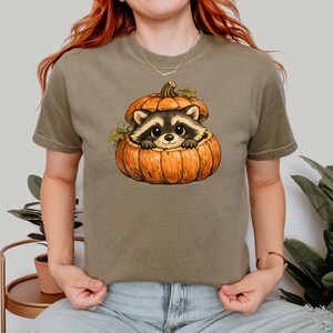 以下が含まれることがあります： オリーブグリーンのクルーネックTシャツ。大きなオレンジ色のカボチャの中から顔を覗かせている、可愛らしいアライグマのグラフィックイラストが描かれています。アライグマには黒と白の顔の模様があり、大きな暗い目をしています。シャツの胸の中央に配置されています。