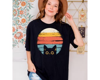Sunset Kitty Retro Shirt, Komfort Farben schwarze Katze Tee