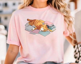 Bookworm Cat T-Shirt, Sleeping Cat on Books, Teacher Gift
