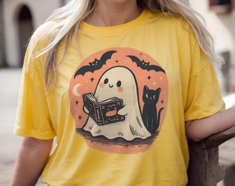 Retro Halloween-T-shirt: cartoongeest, zwarte kat, sterren