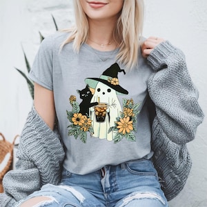 Iced Coffee Ghost And Cat, Cat Mama Halloween, Halloween Funny Cat, Cat And Ghost Tshirt, Cat Lover Present, Ghost Cat Tee