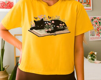 Floral Cat Book T-Shirt, Cat Lover Gift
