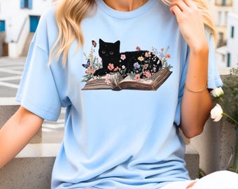 Floral Cat Book T-Shirt, Cat Lover Gift