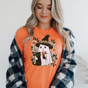 Iced Coffee Ghost And Cat, Cat Mama Halloween, Halloween Funny Cat, Cat And Ghost Tshirt, Cat Lover Present, Ghost Cat Tee