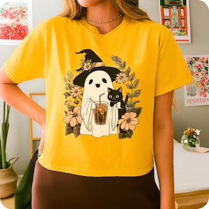 Iced Coffee Ghost And Cat, Cat Mama Halloween, Halloween Funny Cat, Cat And Ghost Tshirt, Cat Lover Present, Ghost Cat Tee