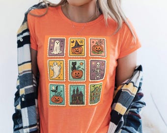 Ghost Cat Halloween Tee: Funny Pumpkin Stamps Shirt