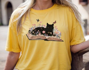 Floral Cat Book T-Shirt, Cat Lover Gift