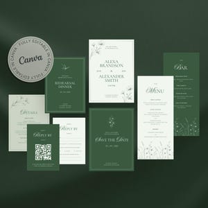 Boho Hochzeitseinladung Set | Florales Menü, Save the Date, Details, Antwortkarten mit QR & mehr | Geheimer Garten | Bearbeitbare Canva-Vorlagen