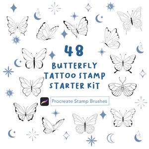 May include: A white background features a collection of black butterfly illustrations, along with celestial shapes. The text reads "48 Butterfly Tattoo Stamp Starter Kit" and "Procreate Stamp Brushes".