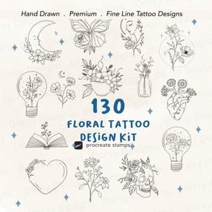 Fine line floral tattoo procreate brush bundle, Procreate brushes, Procreate botanical stamps, Procreate flower stamps, tattoo stamps