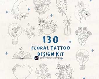 Fine Line Floral Tattoo Procreate Brush Set: 130+ Botanical Stamps