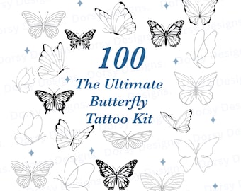 May include: A collection of 100 butterfly designs for DIY tattoo art. The image features various butterfly illustrations in black and white, including detailed and outline styles. Text reads "The Ultimate Butterfly Tattoo Kit."