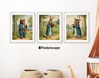 Woodland Animal Music Print Set: Bear, Rabbit, Mouse Nursery Art