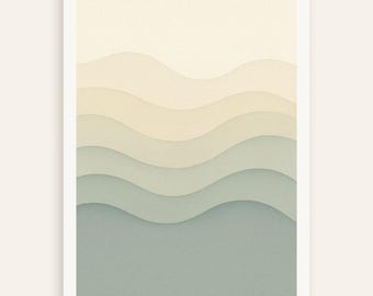 Abstracte golvende, minimalistische muurkunst, beige en blauw verloopposter