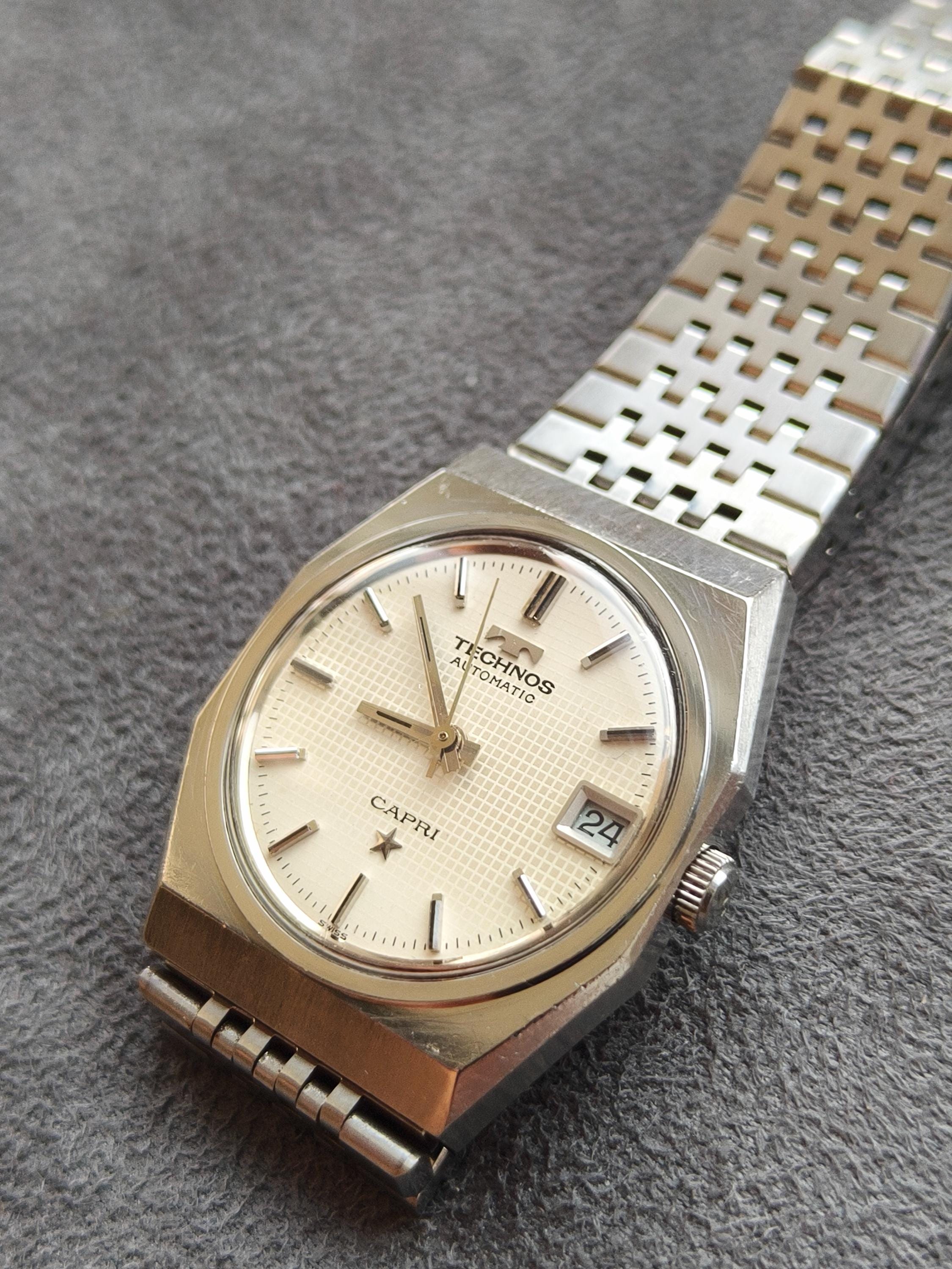 Technos Capri Automatic Barrel-shaped Date Plaid Pattern Dail
