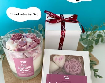 Muttertags Geschenk Set Duftkerze und Waxmelts – Für die beste Mama – Geschenkbox mit Schleife – Handmade Geschenk Mama