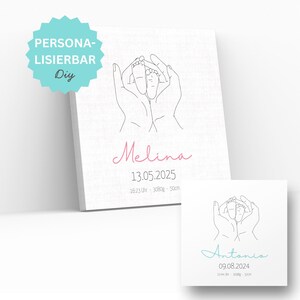 Tela personalizada para nascimento – foto de bebê com nome e data de nascimento – presente para recém-nascido – decoração de parede 20 x 20 cm