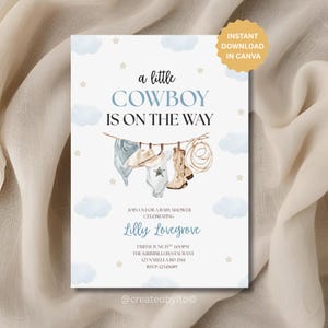 Modello modificabile per invito baby shower a tema cowboy, invito "Un piccolo cowboy è in arrivo", baby shower per ragazzi, tema western selvaggio blu polvere