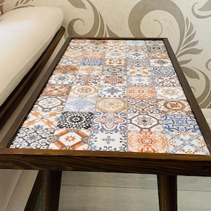 Mosaic Side Table, Mexican Tile, Colorful Ceramic End Table with Walnut Tapered Wood Legs, Boho Living Room Accent