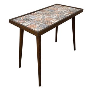 Colorful Mexican Tile Table, Rectangular Square Ceramic Mosaic Top, Pine Wood Accent Table