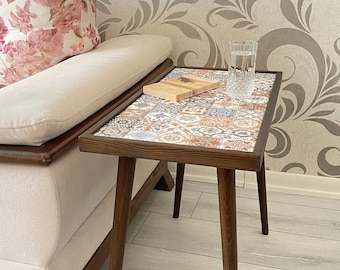 Mexican Tile Mosaic Side Table, Colorful Ceramic End Table with Walnut Tapered Wood Legs, Boho Living Room Accent