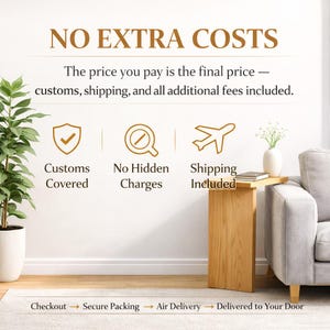 May include: Image with text: "NO EXTRA COSTS". The text below states: "The price you pay is the final price - customs, shipping, and all additional fees included." Icons and text indicate "Customs Covered", "No Hidden Charges", and "Shipping Included".
