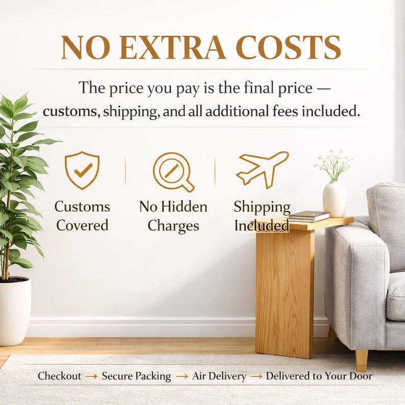 May include: Image with text: "NO EXTRA COSTS". The text below states: "The price you pay is the final price - customs, shipping, and all additional fees included." Icons and text indicate "Customs Covered", "No Hidden Charges", and "Shipping Included".