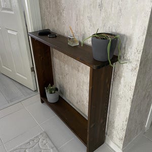 May include: A dark brown wooden console table with a lower shelf. A small potted cactus and a plant in a gray pot sit on the table. A small glass container and keys are also on the table.
