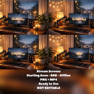 May include: Four computer screens displaying "Starting Soon", "Be Right Back", "Ending Stream", and "Offline" messages. The screens are on a wooden desk with a microphone, keyboard, and plants. The image includes the text "Stream Screens" and "Ready to Use".