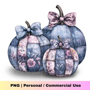May include: Watercolor illustration of three decorative pumpkins. Each pumpkin is a patchwork of blue denim and floral fabric, with a bow on top. The pumpkins vary in size, with the largest in the back. The image includes the text "PNG | Personal / Commercial Use".