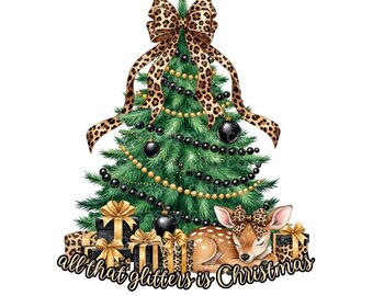 ヒョウ柄クリスマスツリー PNG: 華やかなホリデークリップアート | デジタルダウンロード
