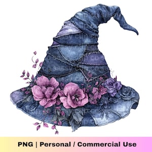 Puede incluir: Ilustración de acuarela de un sombrero de bruja con un diseño de patchwork de mezclilla. El sombrero está adornado con flores y follaje rosas y moradas. El texto "PNG | Personal / Commercial Use" está en la parte inferior.