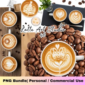 May include: An assortment of coffee cups with latte art designs, including hearts, leaves, and a Christmas tree. The image also features coffee beans, small candles, and the text "Latte Art Studio 46". The bottom of the image reads "PNG Bundle | Personal / Commercial Use".