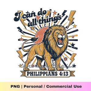 I Can Do All Things Through Christ PNG | Philippians 4:13 Bible Verse | Christian Lion Retro T-Shirt Design | Faith Sublimation Print